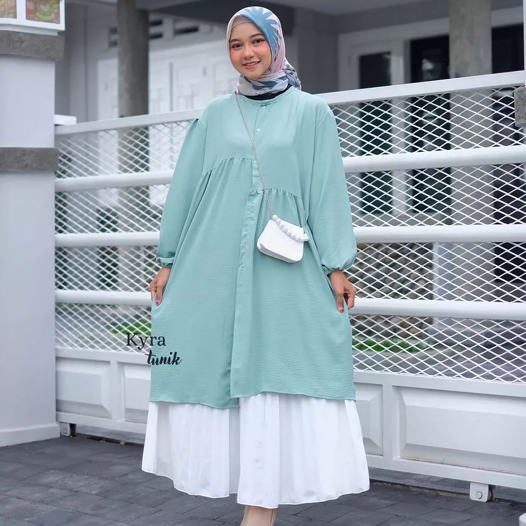 TUNIK CRINKLE AIRFLOW PUTIH POLOS KYRA CHARISSA CARISA RUFFLE PREMIUM JUMBO FULL KANCING