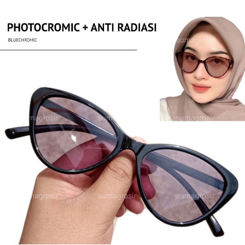 Kacamata Cat Eye Photocromic + Anti Radiasi BLUECHROMIC model gaya kucing cateye fashion korea Anti Silau UV Pria Wanita Photochromic Berubah Warna