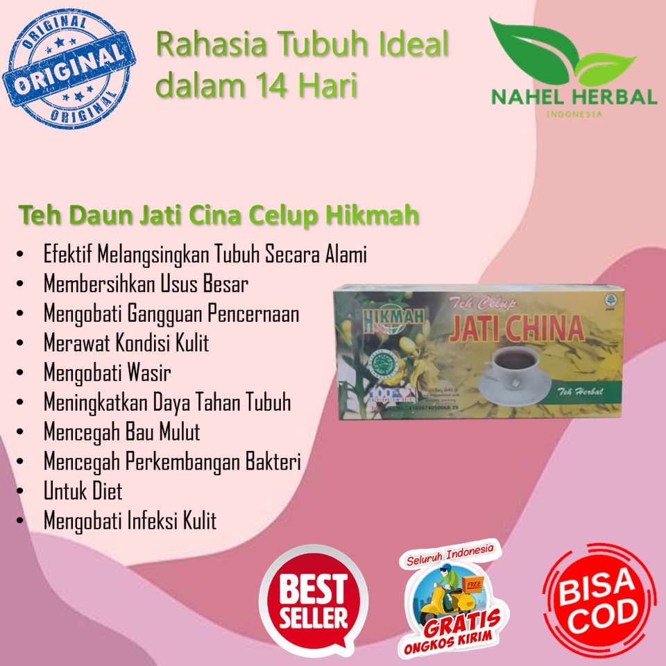 Alami Teh Celup Pelangsing Daun Jati Cina Hikmah Asli 100% Original Strong Bpom - Halal Obat Penguru