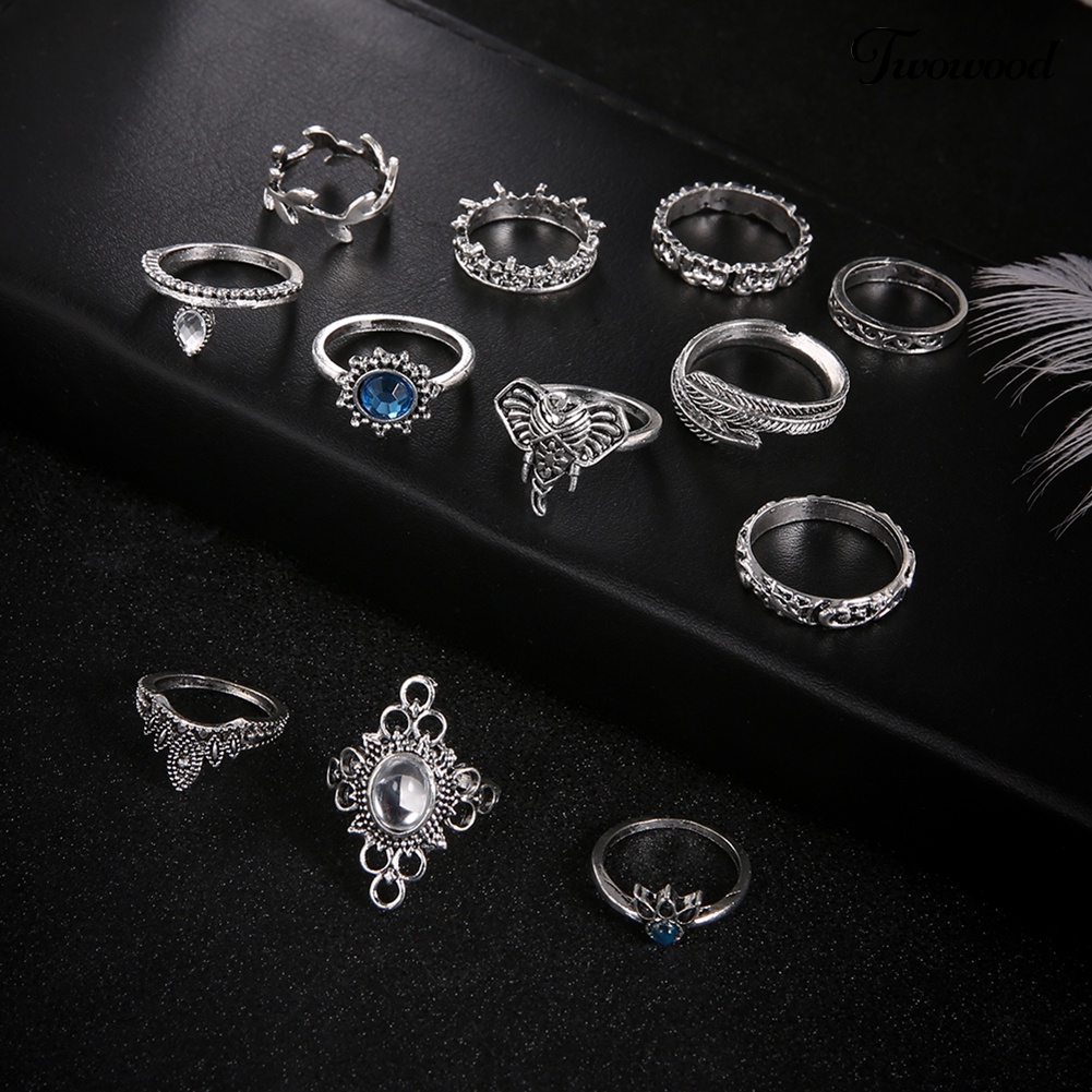 12 Pcs Perhiasan Cincin Knuckle Stacking Aksen Batu Permata Berlian Imitasi Gaya Vintage Boho Untuk Wanita