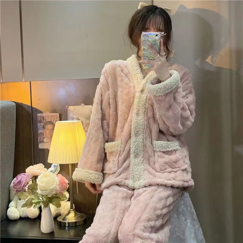 Suhao Musim Gugur dan Musim Dingin Piyama Wanita Baru Bulu Karang Lucu Manis Menebal Dapat Dipakai Di Luar Mahasiswa Flanel Home Service suit