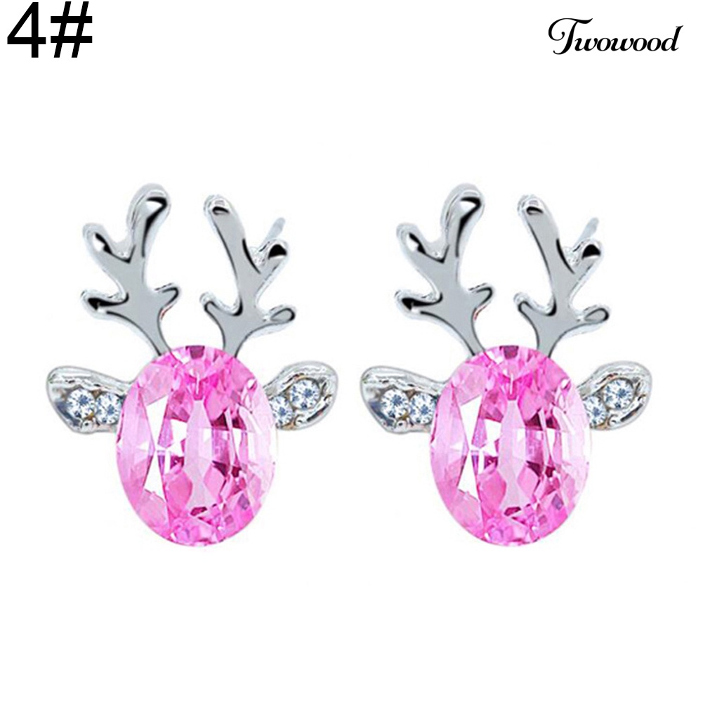 Anting Stud Desain Tanduk Rusa Aksen Batu Permata Tiruan 3D Untuk Wanita