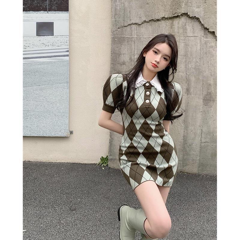 Gaun belah ketupat vintage Amerika wanita musim panas boneka kerah rok pendek gaun pinggul rok rajut