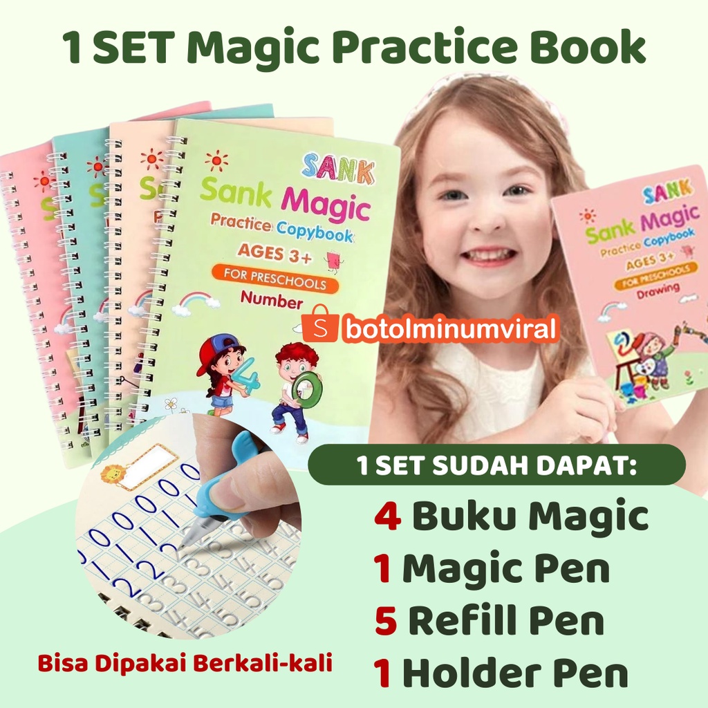 4 Buku Belajar Menulis Huruf Angka Membaca Menggambar Anak TK Paud Sank Magic Reusable Free Pen Dan Refill