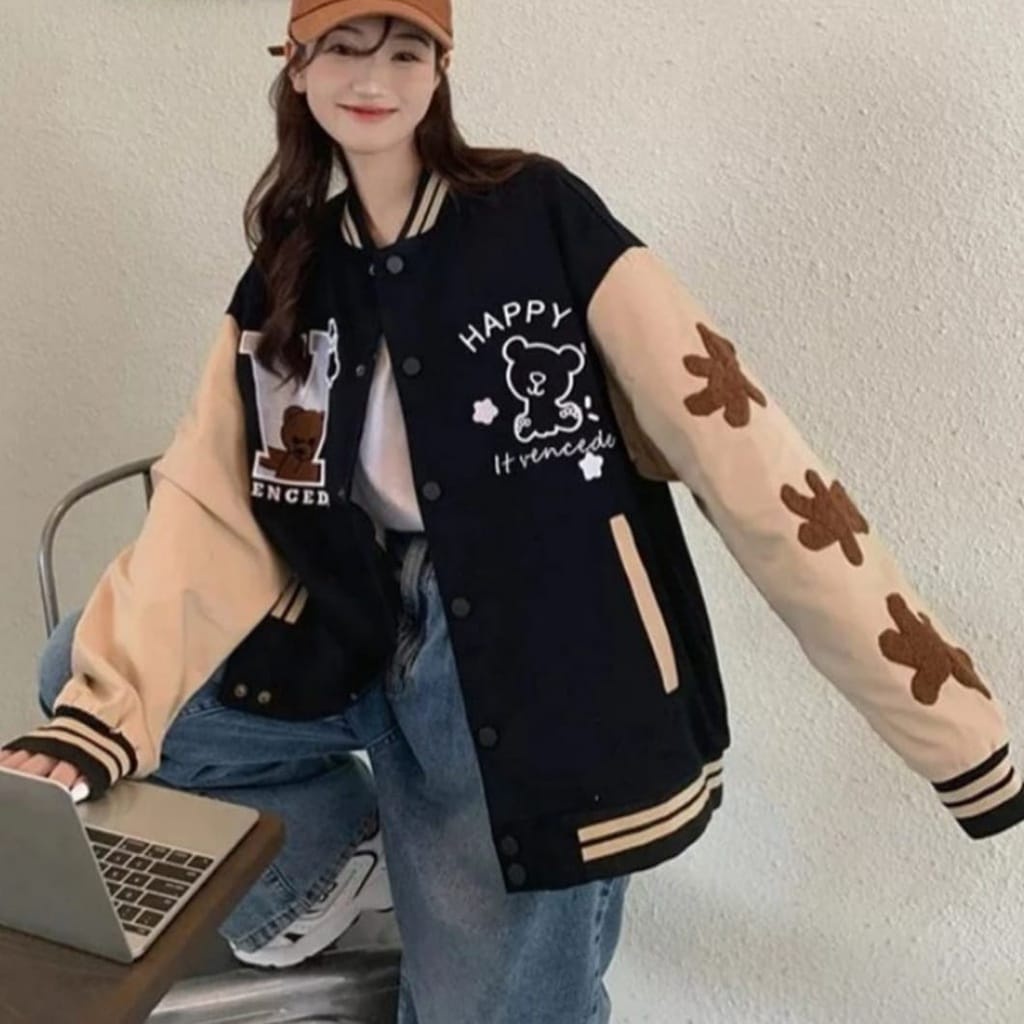 V Happy Baseball Jacket Wanita Oversize | Sweater Jaket Varsity Wanita Kekinian Lucu