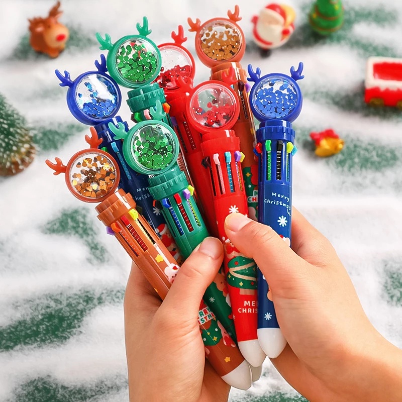 Pulpen 7 Warna Motif Kartun Santa Claus / Rusa / Rusa Aksen Payet Multifungsi Untuk Perlengkapan Kantor