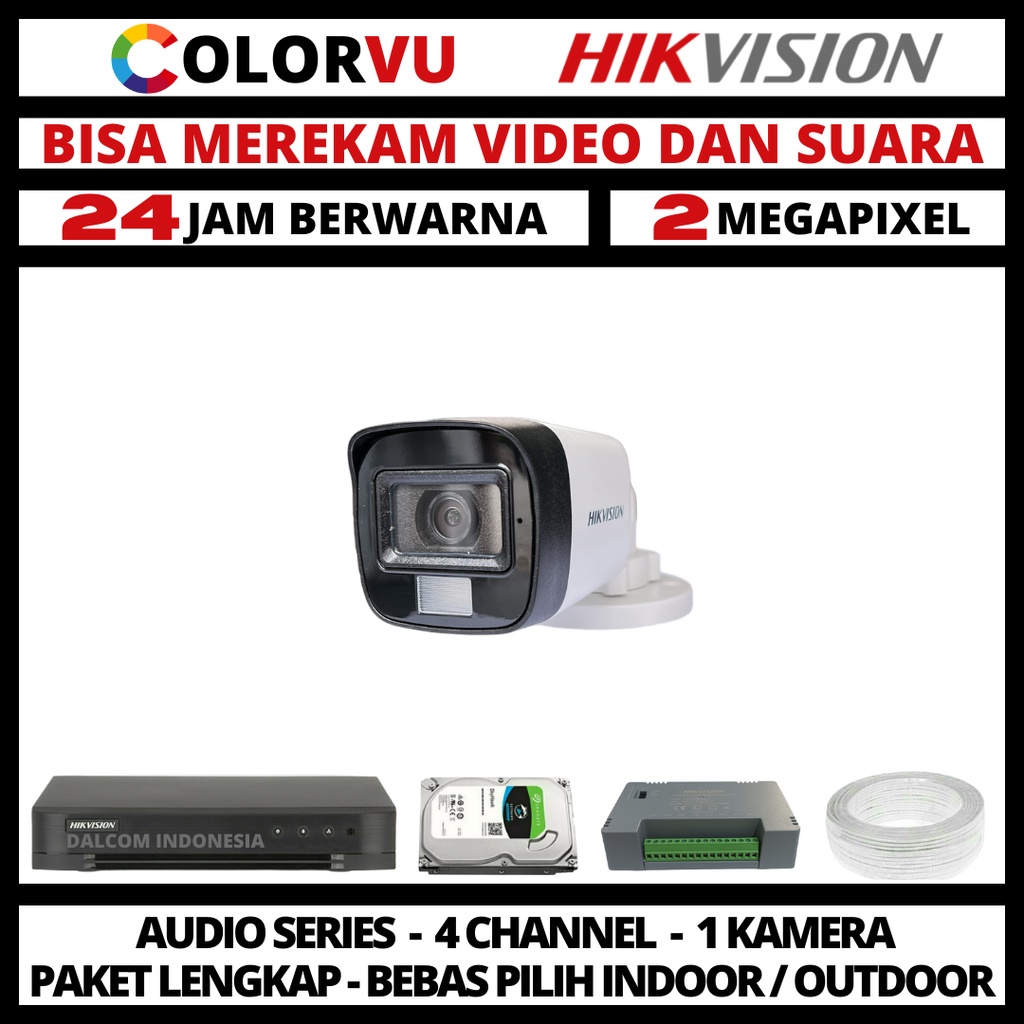 PAKET CCTV HIKVISION COLORVU 2MP 4 CHANNEL 1 KAMERA COLORFUL