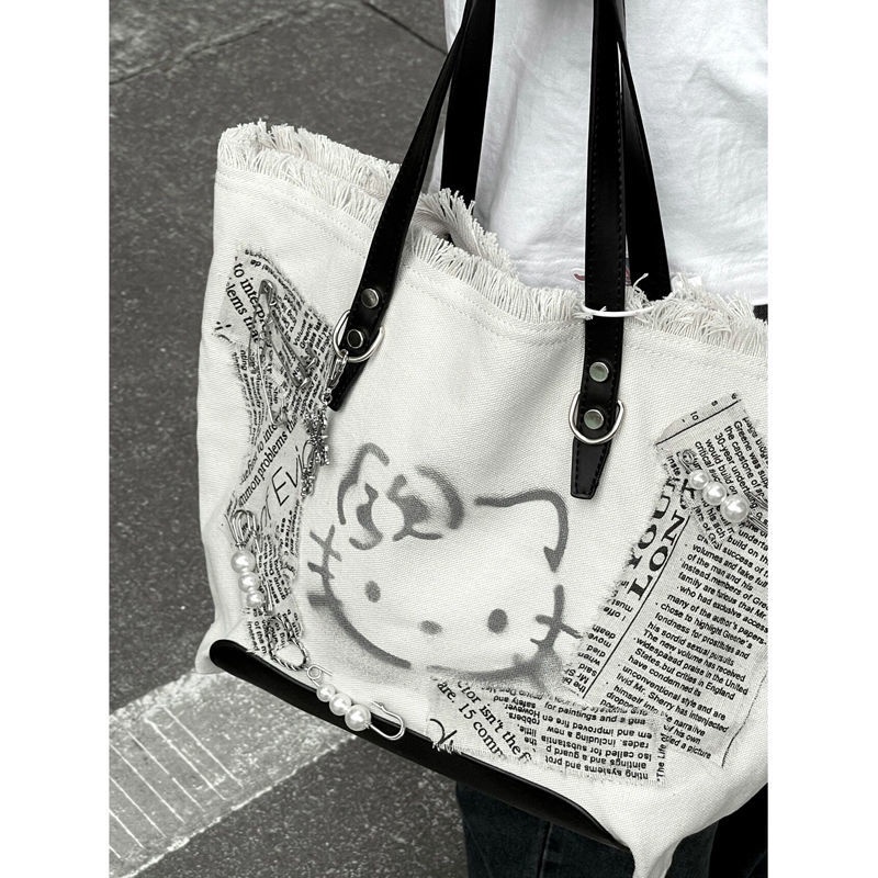 Sera original new kitty cat y2k hot girl embroidery canvas shoulder bag tote bag casual niche cute messenger bag