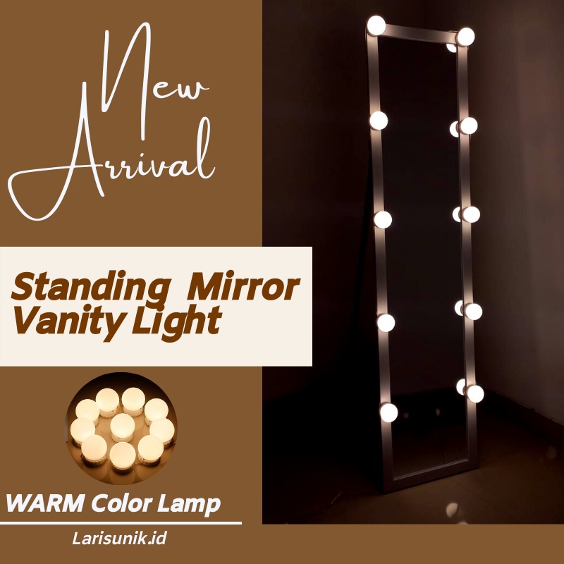 Cermin Kaca Vanity Mirror Standing Dinding Gantung Lamp LED  Mirror Aesthetic Besar Kotak Bingkai Kayu Lampu Bohlam Cermin Lampu Rias Dandan Make Mek Up Hias Penghias Kamar Tidur Room Decor Aesthetic  Kaca Miror Besar Berdiri Sebadan Full Body Gede OOTD