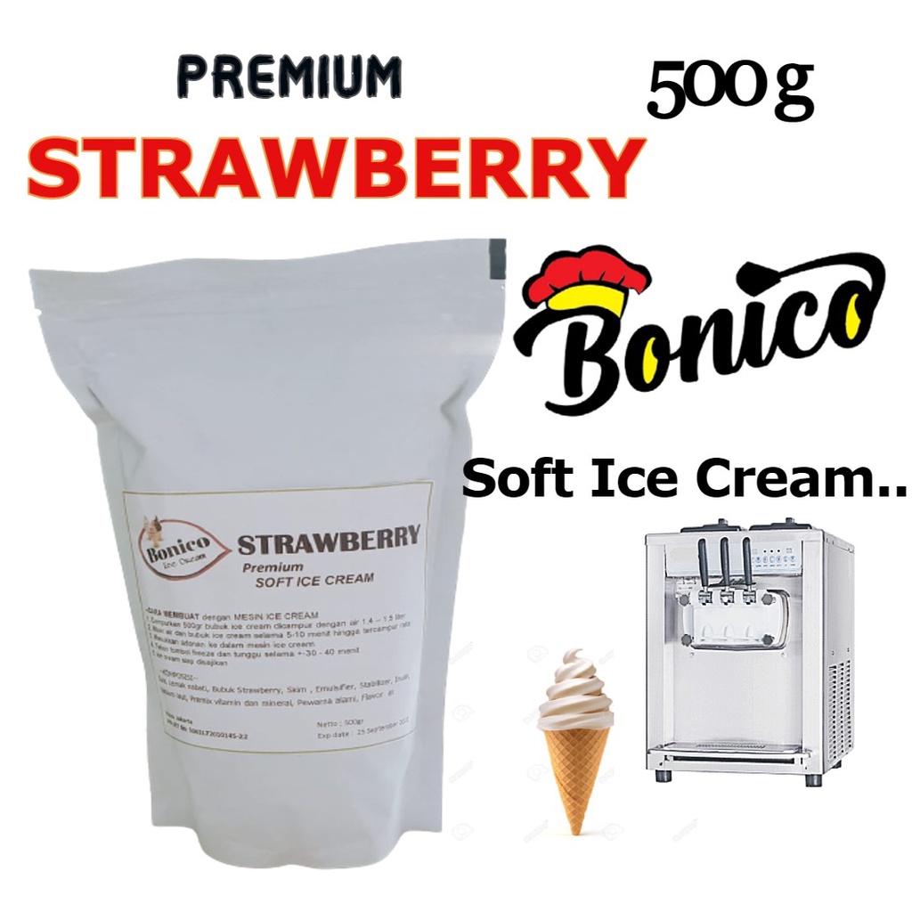 

BONICO STRAWBERRY SOFT ICE CREAM POWDER 500gr PREMIUM serbuk bubuk Tepung es krim strawbery utk Resto dan Cafe Cone Ice cream stroberi softmix produsen distributor grosir Halal