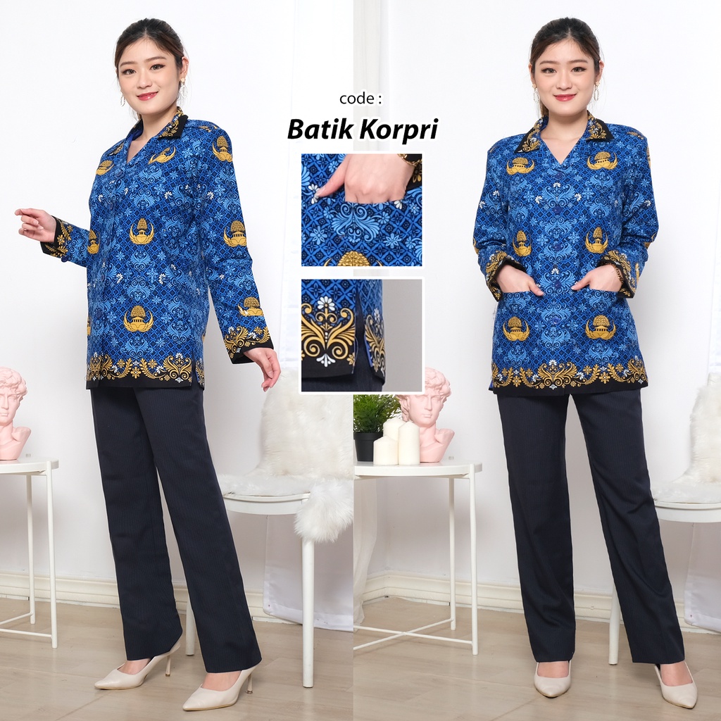 JUAL SERAGAM PNS KEMEJA WANITA BATIK KORPRI PREMIUM! BADAN FURING / KERAH HITAM!