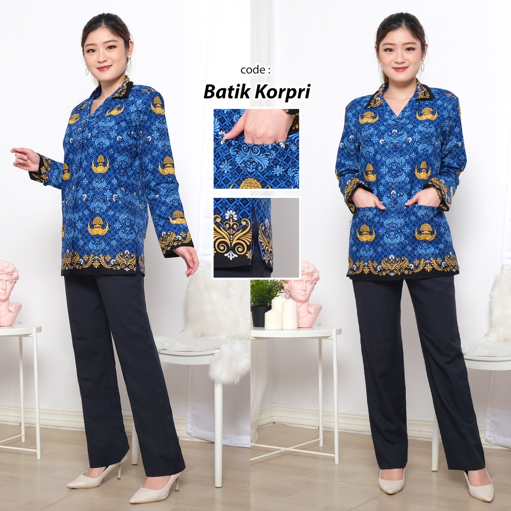 JUAL SERAGAM PNS KEMEJA WANITA BATIK KORPRI PREMIUM! BADAN FURING / KERAH HITAM!