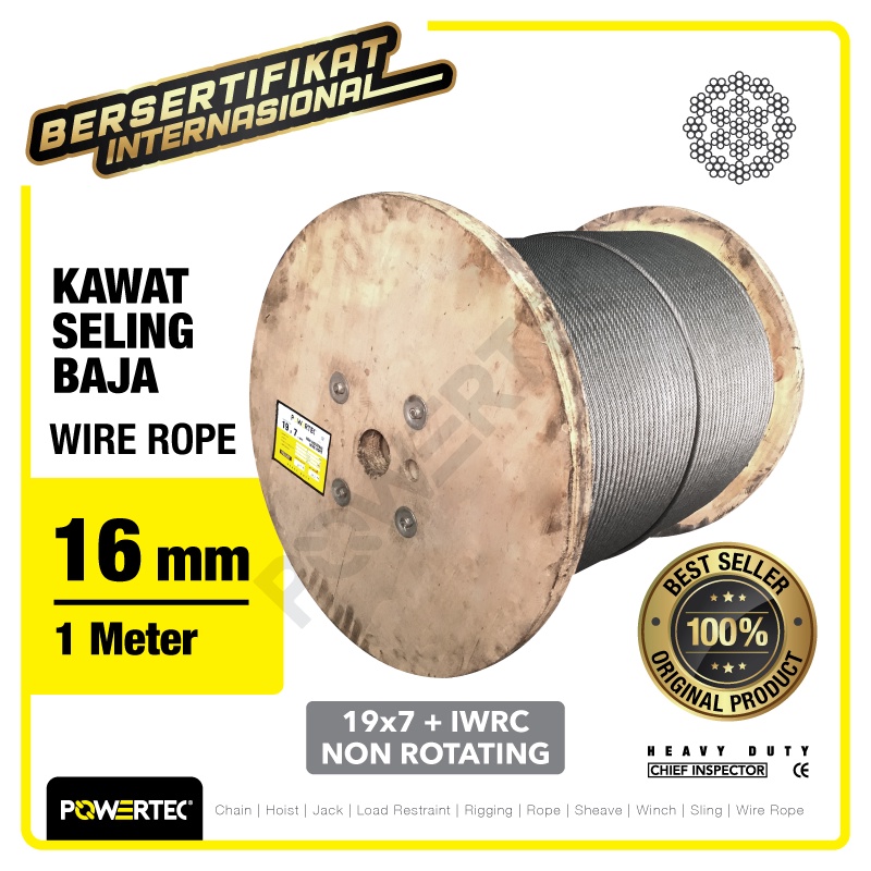 POWERTEC Wire Rope / Kawat Seling Baja 19x7 IWRC 16mm NR  - 1 Meter