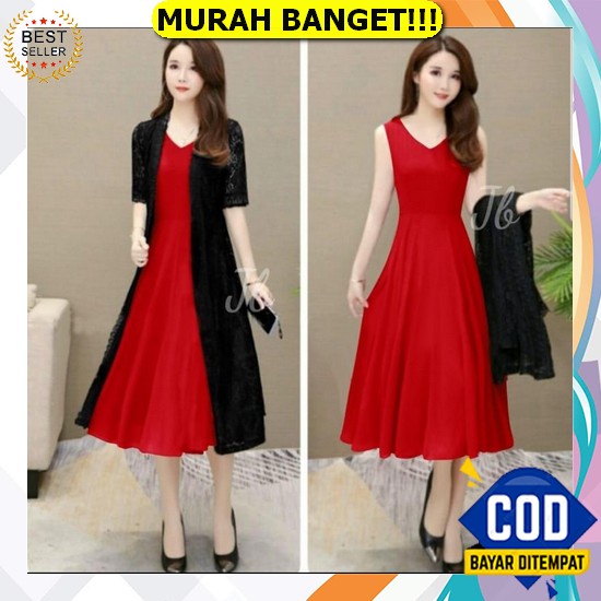 Baju Dress Pesta Wanita Model Terbaru Kekinian Kondangan Imlek Natal Pesta Brukat Selutut Dress Alec