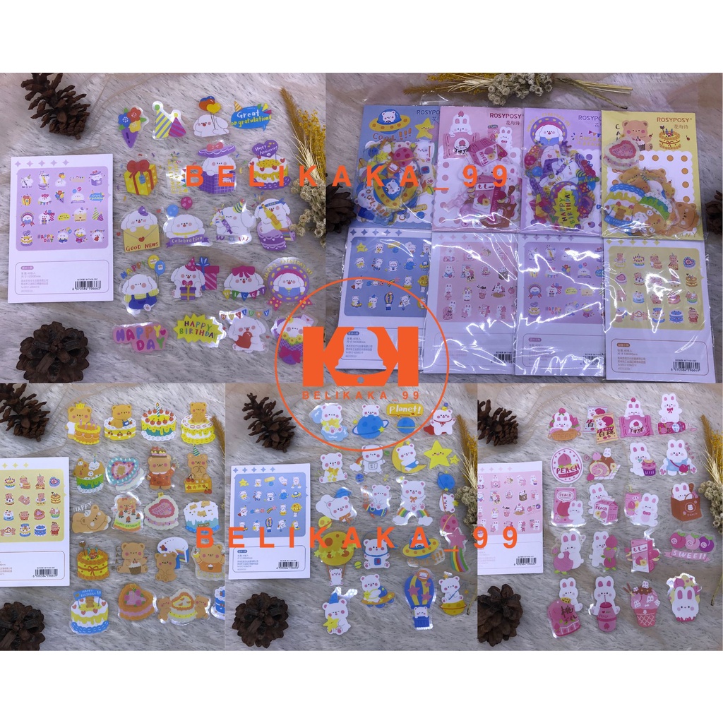 (40 PCS) STICKER SET ANTI AIR MOTIF BERUANG &amp; BUNNY ROSYPOSY BAHAN PVC ISI 40 PCS / STICKER ANTI AIR / STICKER ROSYPOSY / STICKER KARTUN LUCU / STICKER LUCU / STIKER ANTI AIR / STICKER ANAK LUCU / STICKER TIMBUL / ROSY POSY STIKER