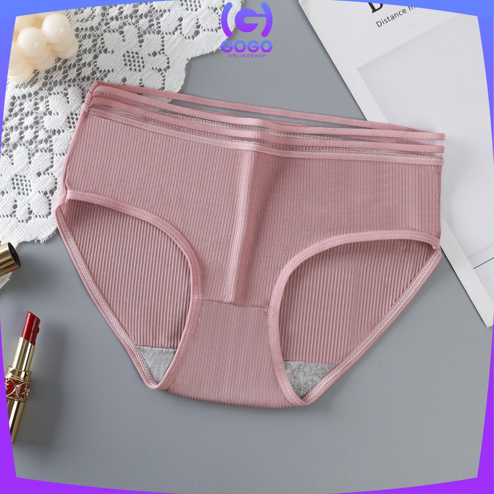 GOGO-P126 Celana Dalam Wanita Cewek Garis Motif Polos Pakaian Dalam Wanita CD Wanita Panties Segitiga Impor