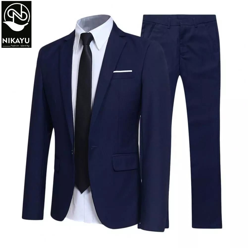 Setelan 2in1 Jas Pria SlimFit NIKAYU Premium ( Bonus Cover )  Blazer Blazer NAVY list Putih kancing 
