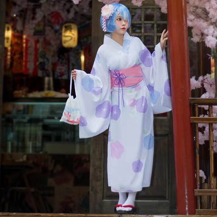 Kostum Cosplay Ram Rem Anime Re Zero Kara Hajimeru Isekai Seikatsu Kimono Kostum Halloween untuk Wanita Gaun Pakaian Jubah