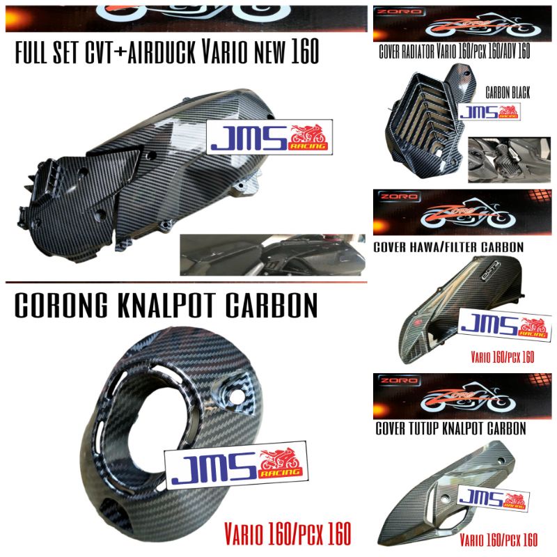 cover tutup carbon knalpot/corong knalpot/cvt plus keong cvt/filter hawa/cover radiator carbon set vario 160 zoro