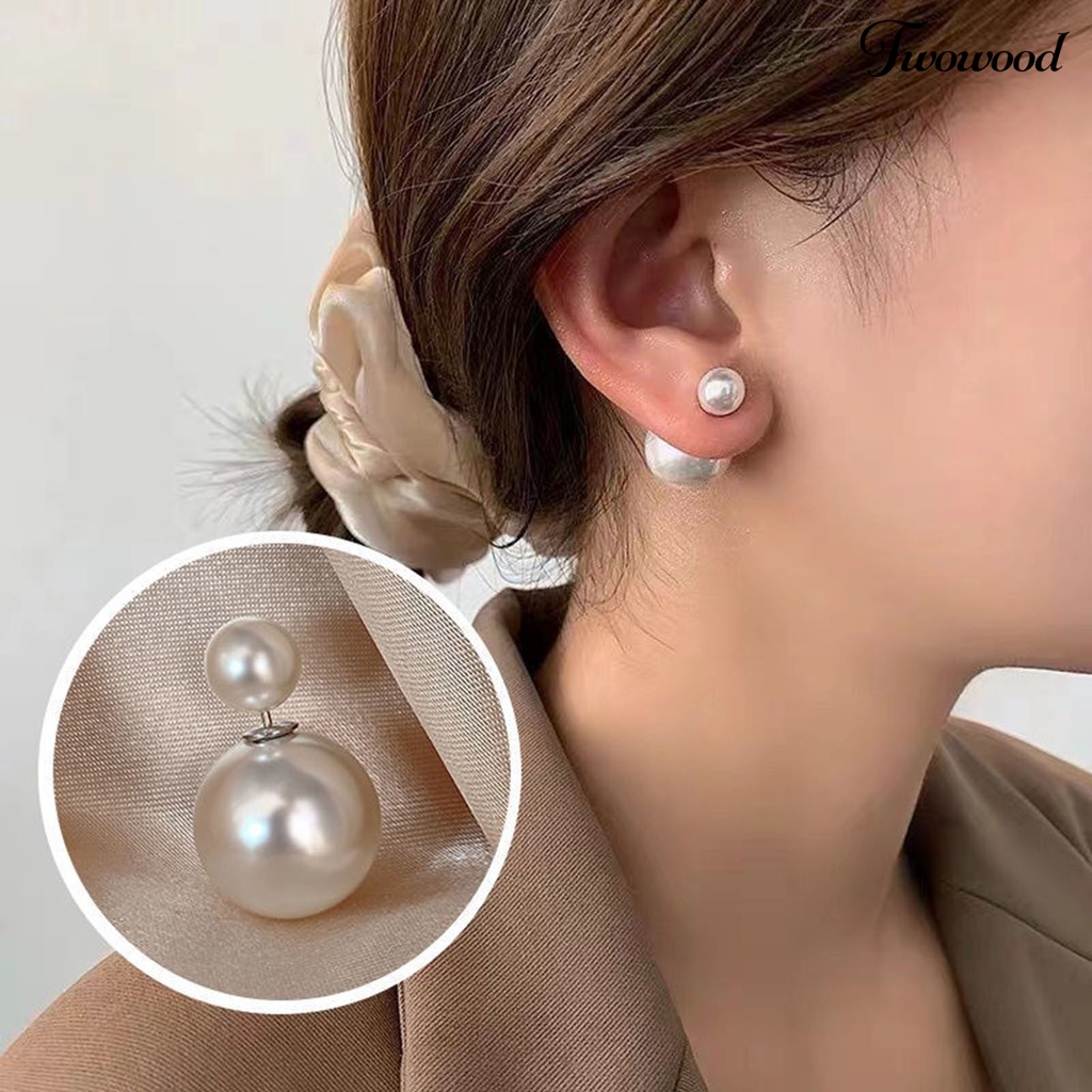 1 Pasang Anting Stud Desain Geometris Electroplating Aksen Mutiara Imitasi Sisi Ganda Untuk Wanita