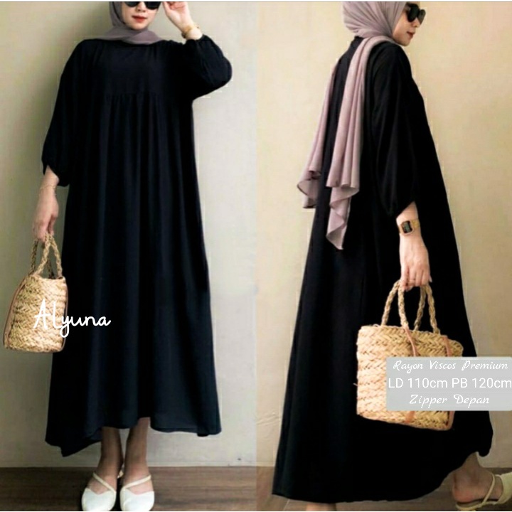 Gamis Midi Dress Polos Rayon Viscos Premium Resleting Depan Jumbo