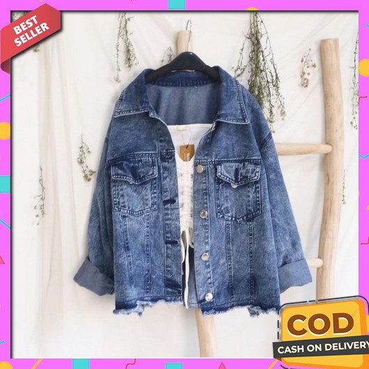 Bee Jeans - Ootd Atasan Wanita Kekinian - Jaket Jeans Crop Top Saku Sobek Pablo Oversize Jacket
