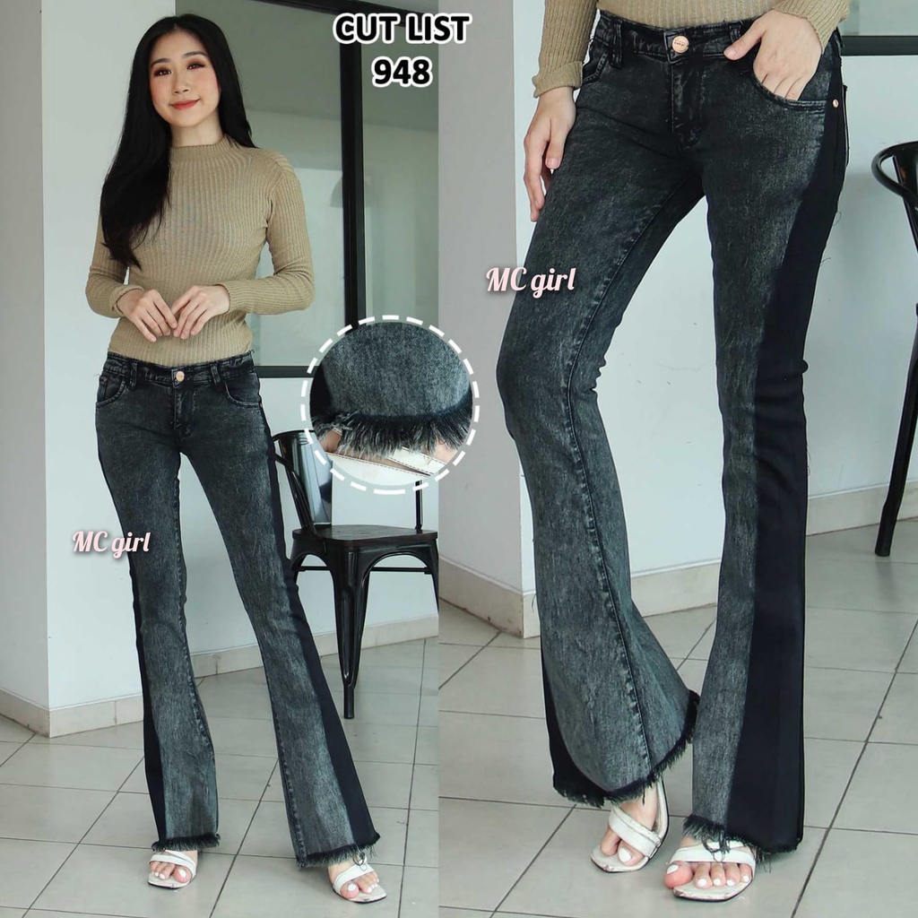 ( Size 27 - 34 ) MC girl - Cutbray Rawis List Panjang Warna Snow Black Wanita / Celana Jeans List Samping Kaki Lebar Rumbai Snowblack / Boot Cut