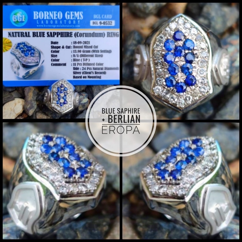 blue saphire Ceylon + berlian eropa ( bonus kotak cincin )
