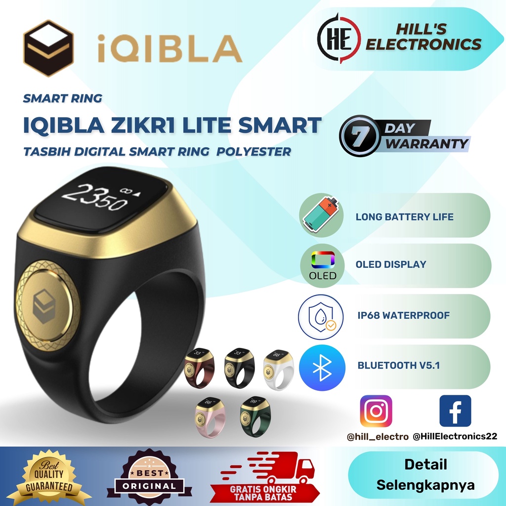 iQibla Tasbih Digital Zikr Ring Zikr1 Lite Smart Ring Tasbeh Iqibla Zikir - Hitam, 18mm