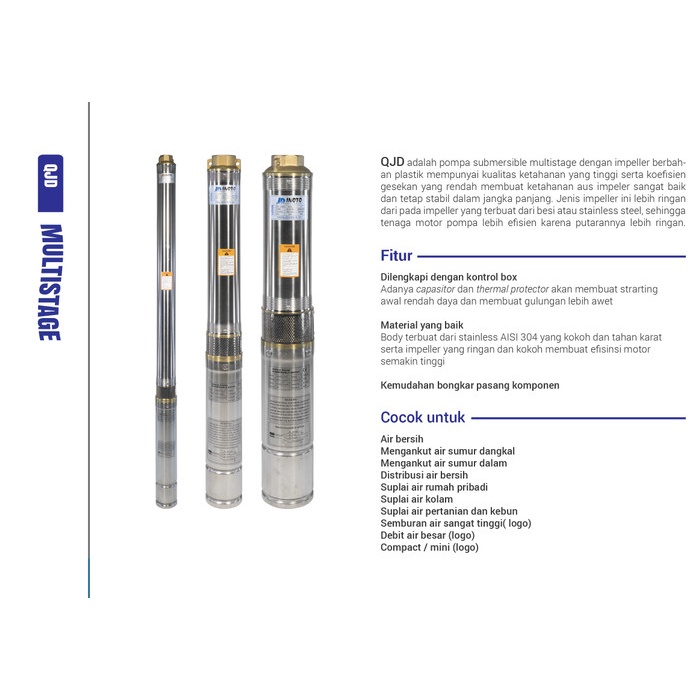 Inoto 3In 224 1Hp Kabel Pendek Pompa Air Submersible 75Qjd 224 Cod