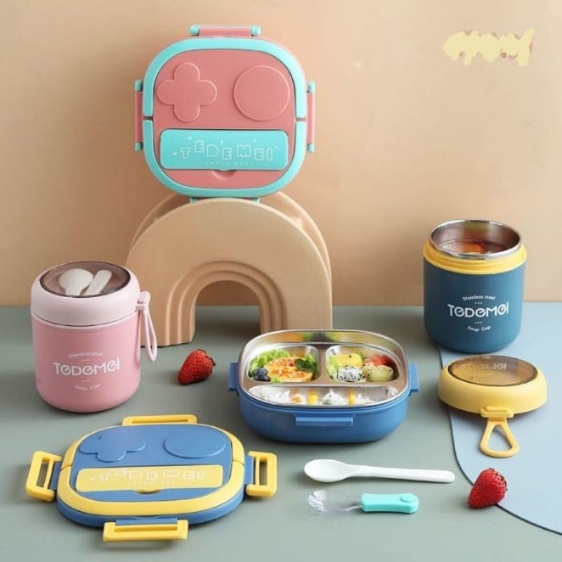 {DS} Kotak Makan Anak Kids Lunch Box Set / Kotak Makan Stainless 3 sekat