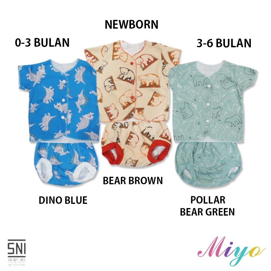 Baju Bayi Setelan Lengan Pendek Kancing Depan Piyama Anak Newborn/SML Miyo Motif Dino Grey (1 Stel)