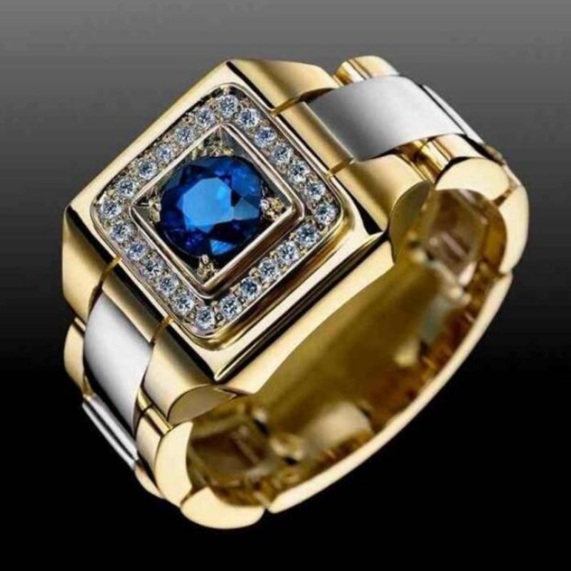 Cincin Sapphire Silver Gold Bahan Alloy Gaya Hip Hop Untuk Pria