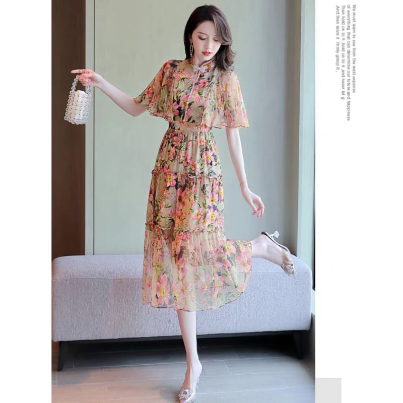 MDLV ~ 12346# CNY Valencia Tiered Midi Dress Flower Premium Import