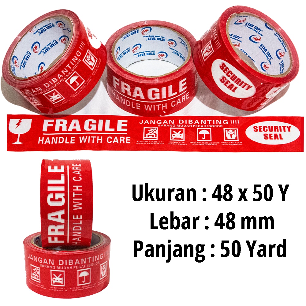 Solasi FRAGILE Warna Merah (48MM x 50Y) / Untuk Fragile Video Unboxing Warna Merah 50Y