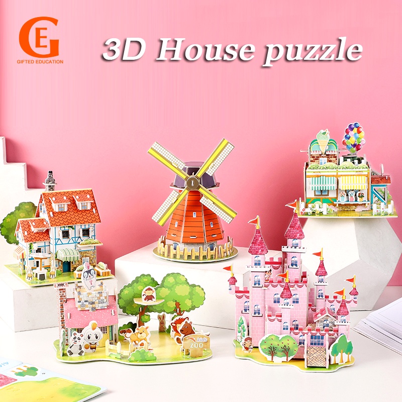 Mainan Puzzle Jigsaw 3D Bentuk Rumah Kastil Bahan Kertas Foam Untuk Edukasi Dini Anak