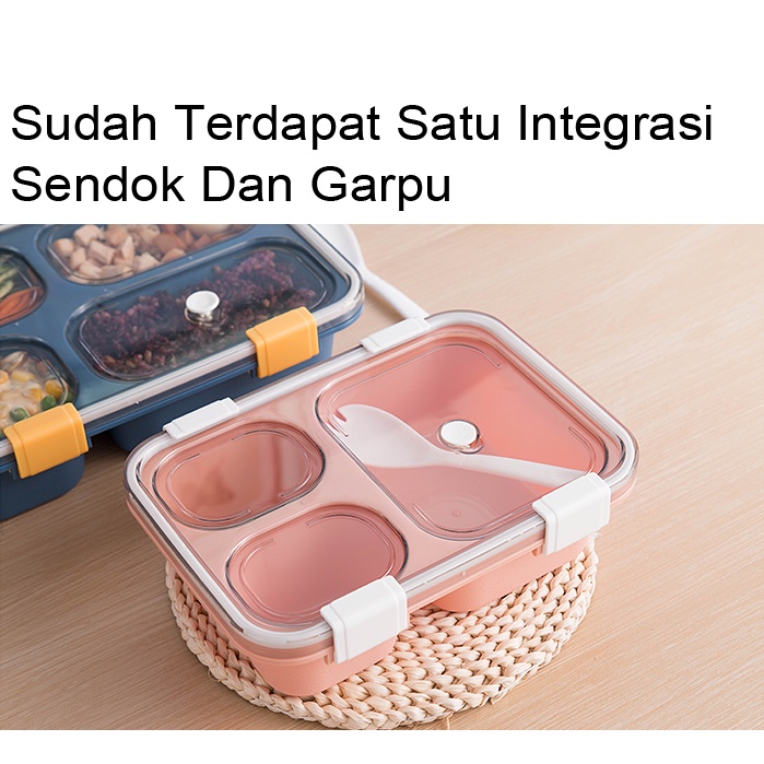 Lunch Box 3/4 Sekat Bento Anti Bocor Free Sendok 1250ml missshop