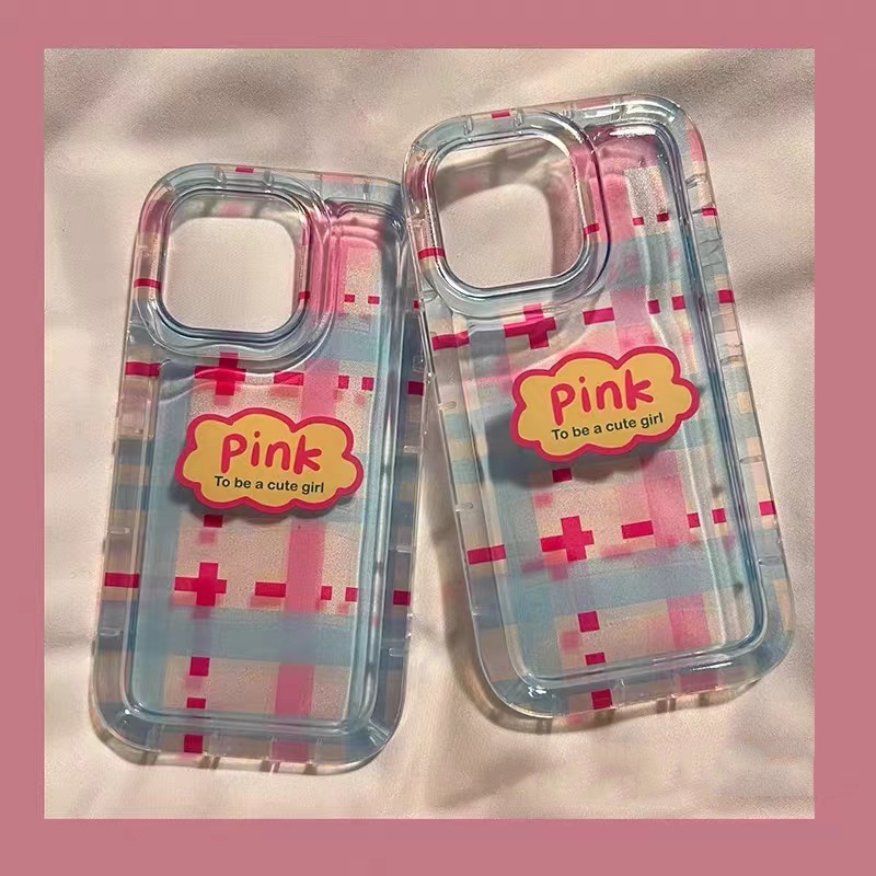 Soft Case TPU Silikon Transparan Motif Kotak-Kotak Pink Untuk IPhone 14 13 12 11 Pro XR X XS Max 8 7 6S Plus