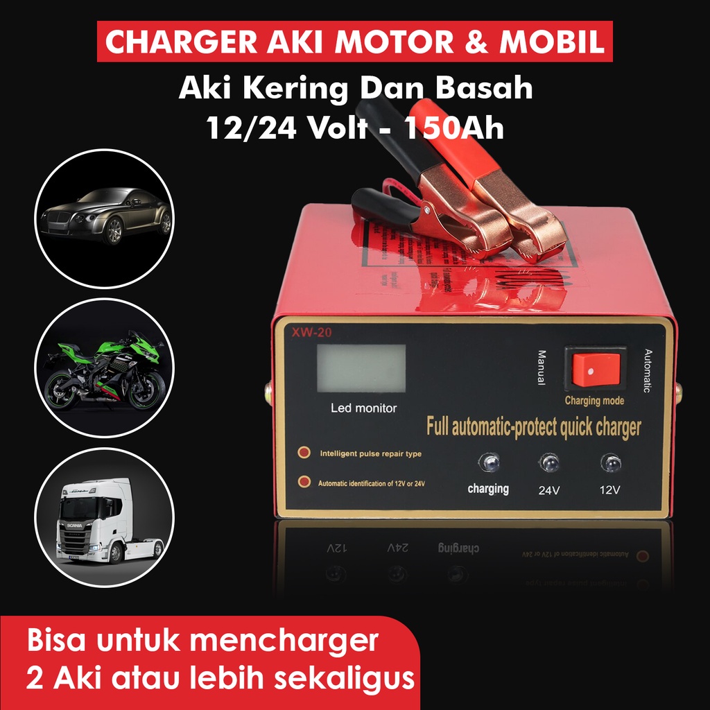 Charger Aki Motor Mobil/Otomatis Accu Kering Dan Basah Lead Acid/Battery Charger Auto Charger Aki/Casan Aki Motor/Alat Cas Aki Motor Dan Mobil/12V / 24 Volt/Accu Mobil Motor/Listrik Indikator/Cas Aki Otomatis