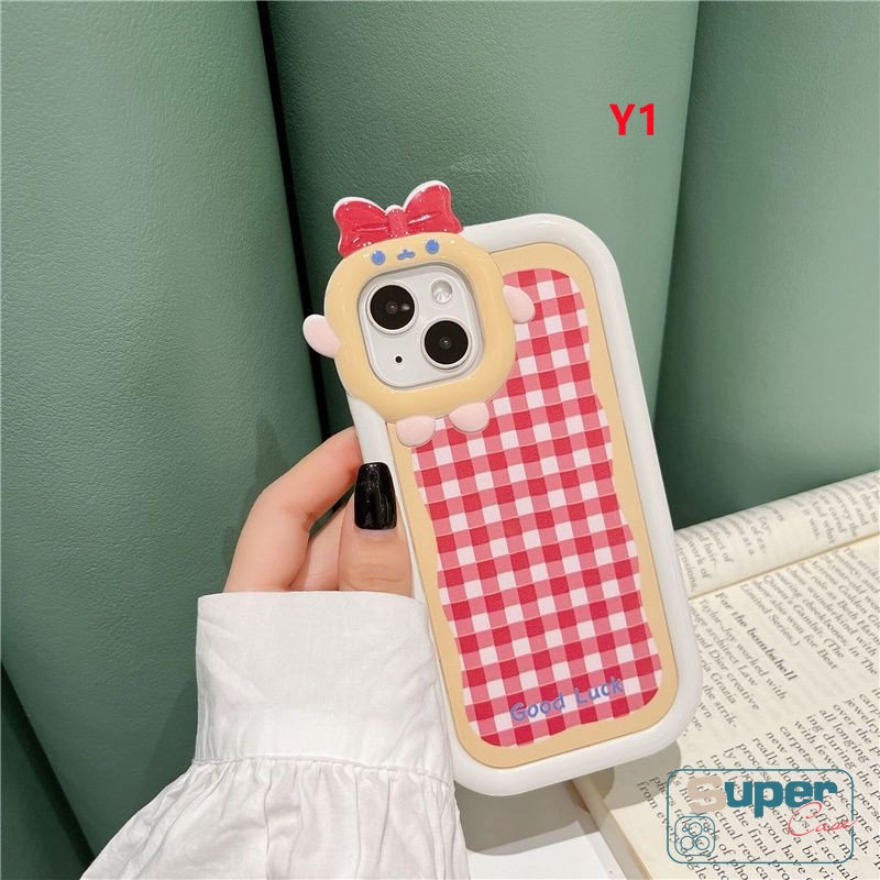 Phone Case Compatible For iPhone 11 XR 7plus 7 8 6 6S 14 Plus 14 13 12 Pro Max X XS MAX SE Cute Ins Colorful Lattice Cartoon 3D Bow-knot Little Monster Lens Soft Back Cover