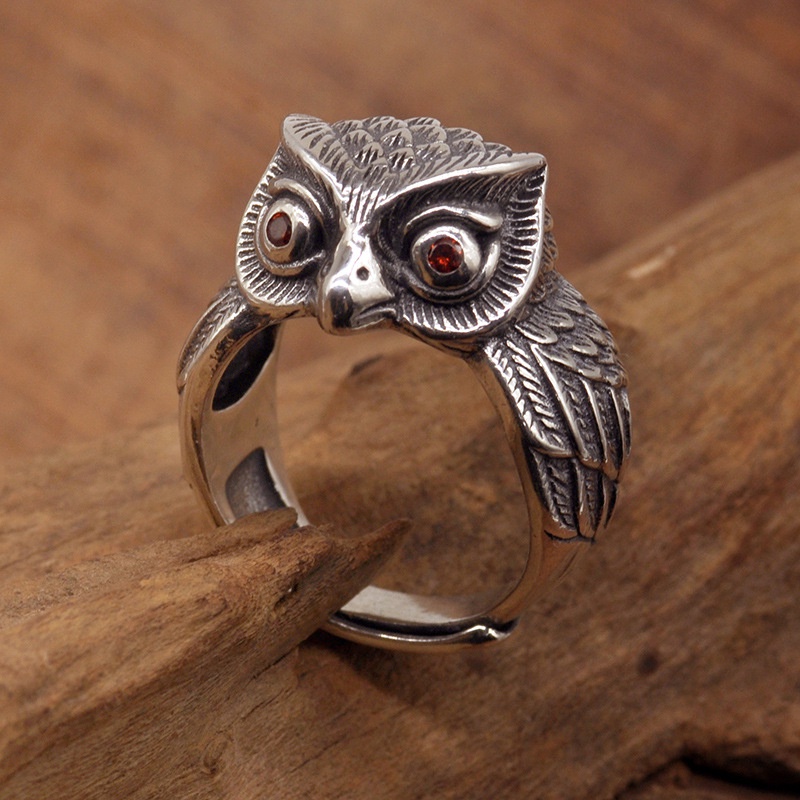 Cincin Pria Model Terbuka Bahan Metal Desain Burung Hantu Gaya Vintage Rock Adjustable Untuk Pesta