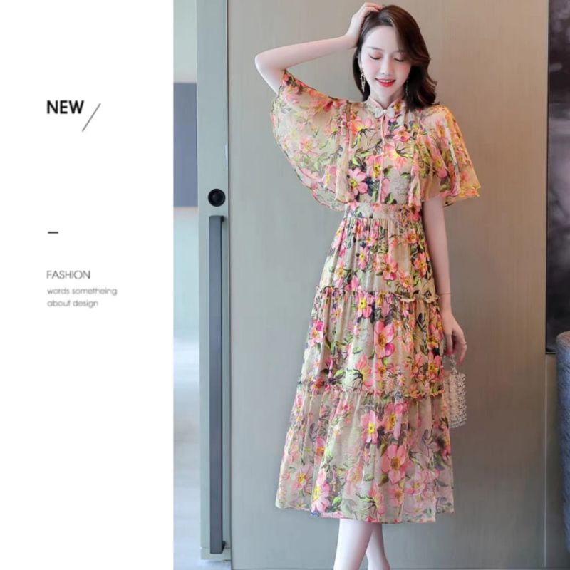 MDLV ~ 12346# CNY Valencia Tiered Midi Dress Flower Premium Import