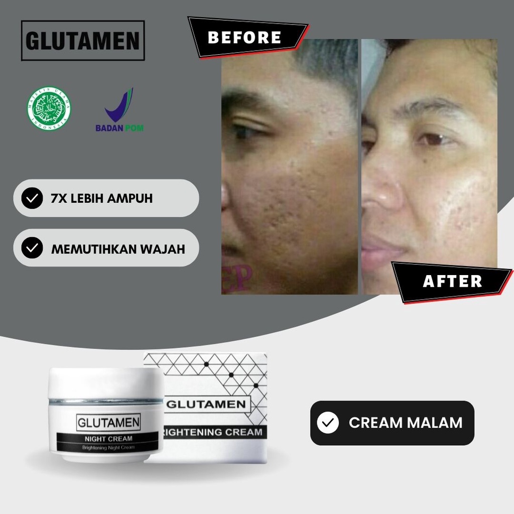 Glutamen Skincare BPOM Cream Malam Krim Night Pemutih Wajah Kusam Glowing Penghilang Jerawat Pria