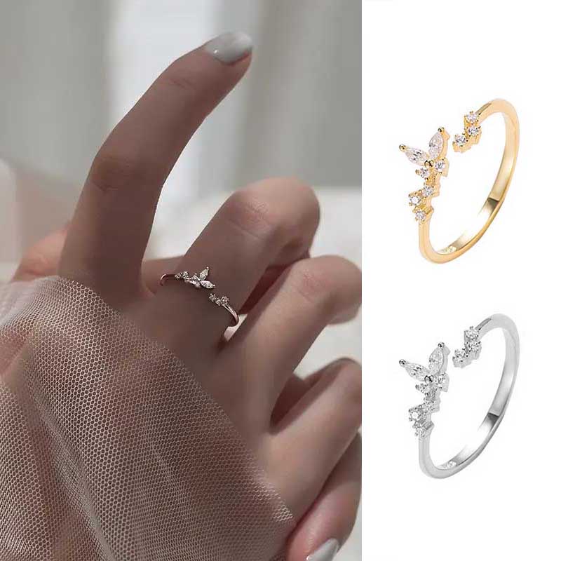 Cincin Zircon Berlian Imitasi Bentuk Kupu-Kupu Bahan S925 Silver Gold plated Gaya Korea Untuk Wanita