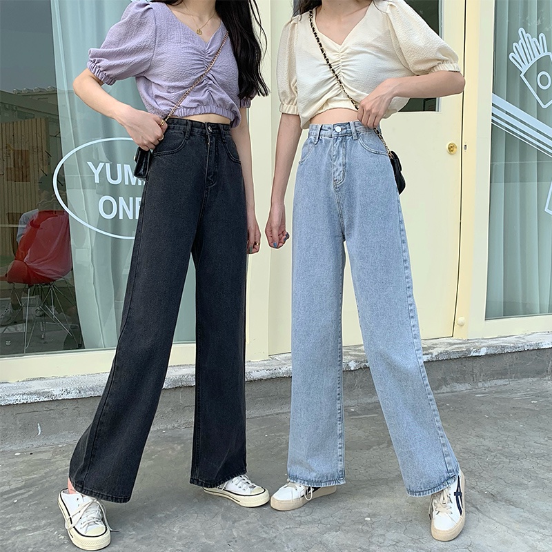 Kelabu hitam / Biru muda Celana Kulot Jeans Highwaist Loose Jeans Wanita Hot Sale 【THE GOOD SISTERS】