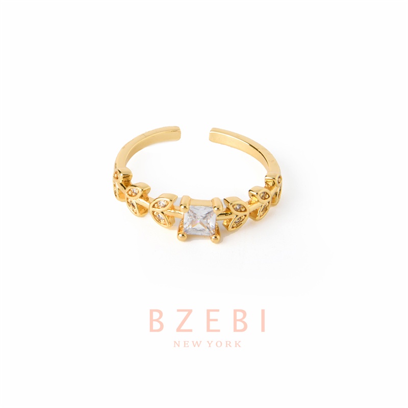 Bzebi Cincin Lapis Emas 18k Adjustable Desain Daun Hias Zamrud + Berlian Imitasi 547r Untuk Wanita
