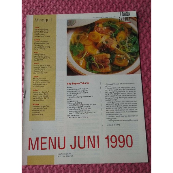 Booklet masakan Majalah Femina lawas edisi Juni 1990