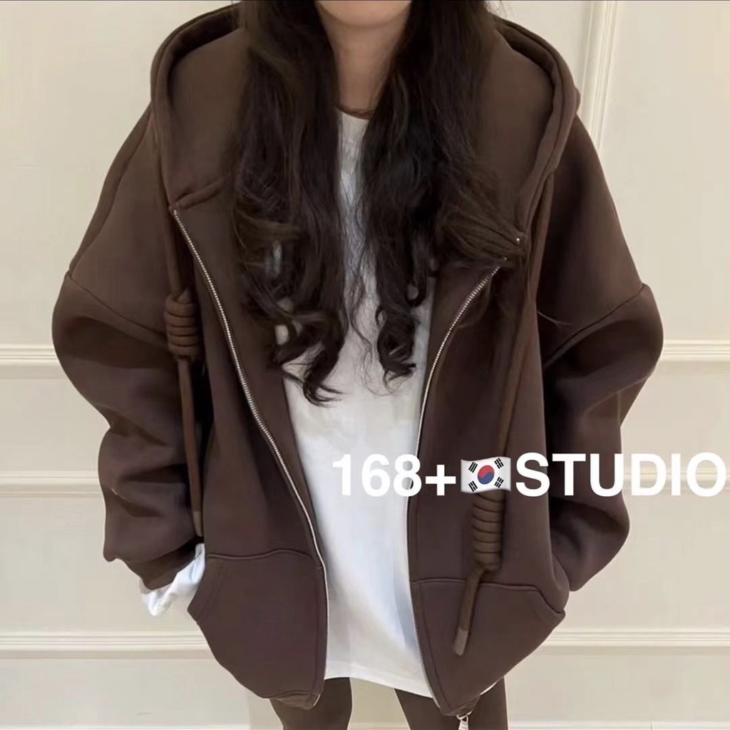 Musim gugur dan musim dingin baru oversize lazy wind hooded sweater drape loose plus beludru menebal kardigan jaket pasang wanita