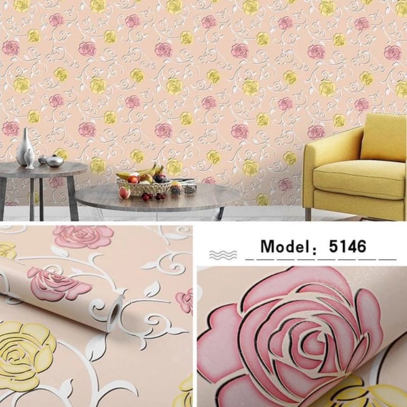 Wallpaper Dinding Motif BUNGA MAWAR PINK KUNING 10m x 45cm