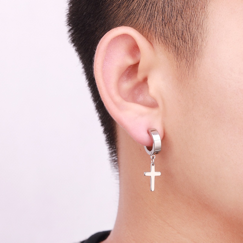 1 Pc Anting Stud Tanpa Lubang Liontin Salib Bintang Menjuntai Bahan Stainless Steel Gaya Punk Gothic Untuk Unisex